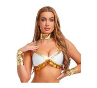 Mufeng Women's Sexy Egyptian Queen Cosplay Costume Shiny Metallic Hollow Out Crop Top with Wristlets White S