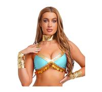 Mufeng Women's Sexy Egyptian Queen Cosplay Costume Shiny Metallic Hollow Out Crop Top with Wristlets Light Blue XXL