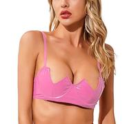 Mufeng Women's Sexy Shiny Leather Plunge Bra Latex Wet Look Push Up Balconette Bra Crop Top Hot Pink S