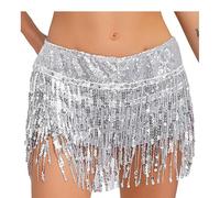 Mufeng Women's Shiny Sequins Tassel Mini Shorts Sparkly Low Waist Latin Dance Shorts Hot Pants Silver L
