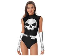 Mufeng Womens Skull Costume Shiny Metallic Cut Out Backless Bodysuit Scary Skeleton Outfits Black 3XL