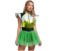 Mufeng Women's Space Cadet Scientist Costume Alien Cosplay Shiny Metallic Tulle Skirted Bodysuits Green 3XL