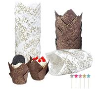 Muffin Cases, 100PCS Tulip Cupcake Cases with 50PCS Cupcake Toppers, Greaseproof Muffin Cup Baking Cases, Cupcake Cases for Weddings Birthday Party Decoration(Brown, White)