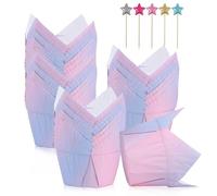 Muffin Cases, 100PCS Tulip Cupcake Cases with 50PCS Cupcake Toppers, Greaseproof Muffin Cup Baking Cases, Gradient Paper Cupcake Muffin Liners for Weddings Birthday Party Decoration
