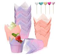 Muffin Cases, 100PCS Tulip Muffin Cases for Baking, Tulip Cupcake Cases with 50PCS Cupcake Toppers for Family Birthdays Party Weddings (Gradient Purple + Pink)