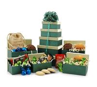 Muffins, Flapjacks & Cookies Gift Tower | 5-Tier Sweet Bakery Hamper with Artisan Baked Goods & Swiss Chocolates | Reusable Green & Gold Boxes