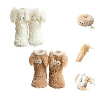 Muffle Friends Cozy Socks, Winter Kawaii Big Eyes Slipper Socks with Ears, Warm Fuzzy Non-slip Home Sock for Women (2Pcs-E)