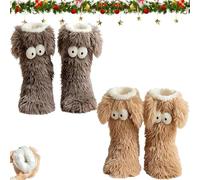 Muffle Friends Cozy Socks, Winter Thick Warm Fluffy Soft Fuzzy Non-slip Slipper Socks with Cute Big Eyes Home Socks (light brown ＋Dark brown)