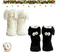 Muffle Friends Cozy Socks, Winter Thick Warm Fluffy Soft Fuzzy Non-slip Slipper Socks with Cute Big Eyes Home Socks (White＋Black)