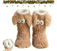 Muffle Friends Cozy Socks, Winter Thick Warm Fluffy Soft Fuzzy Non-slip Slipper Socks with Cute Big Eyes Home Socks (Light coffee)
