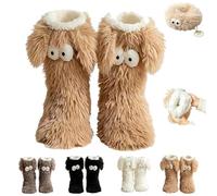 Muffle Friends Cozy Socks with Eyes, 3D Winter Kawaii Big Eyes Slipper Socks, Cute Fuzzy Socks with Grips for Women (Khaki)