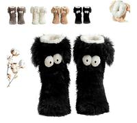Muffle Friends Cozy Socks, Women’s Winter Warm Fuzzy Non-Slip Slipper Socks with Cute Big Eyes - Soft Thick Fleece Floor Socks for Cold Weather (Black)