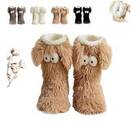 Muffle Friends Cozy Socks, Women’s Winter Warm Fuzzy Non-Slip Slipper Socks with Cute Big Eyes - Soft Thick Fleece Floor Socks for Cold Weather (Coffee)