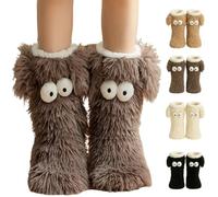 Muffle Friends Cozy Socks, Women's Winter Warm Fuzzy Non-Slip Slipper Socks with Cute Big Eyes, Thick Fleece Indoor Home Floor Socks (Coffee)