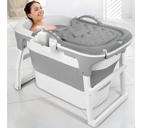 mufojyez 39" Folding Bathtub Adult Portable, Ergonomic Seat Collapsible Tub with Massage Rollers and Thermal Cover, Freestanding Bathtub Surround with 2 Side Handles, Deep Soaking Spa Tub for Home Us