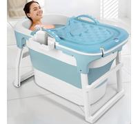 mufojyez 39" Folding Bathtub Adult Portable, Ergonomic Seat Collapsible Tub with Massage Rollers and Thermal Cover, Freestanding Bathtub Surround with 2 Side Handles, Deep Soaking Spa Tub for Home Us