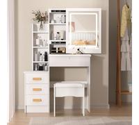 mufsceku Dressing Table with Large Sliding Lighted Mirror in 3 Colors,Vanity Makeup Table with 4 Drawer and Hidden Storage Shelves,Makeup Vanity Desk with Cushioned Stool for Bedroom Furniture White