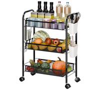 mufsceku Fruit Vegetable Storage Basket,3/4/5 Tier Stackable Metal Mesh Storage Basket Trolley Utility Cart,Produce Storage Organizer Rack with 360 Degree Wheels for Kitchen Pantry Bathroom Black 3-L