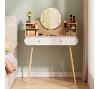 mufsceku Makeup Vanity with Round Mirror and LED Lights,Vanity Table with 2 Drawers and Opening Shelves,Modern Dressing Table,3 Modes Brightness Adjustable Small Vanity Table for Bedroom Wooden Color