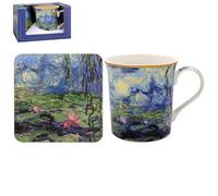 Mug And Coaster Set Blue Floral Water Lily Pond Art Claude Monet Style Ceramic