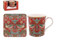 Mug and Coaster Set Red Floral Birds Vintage Flowers Art William Morris Ceramic