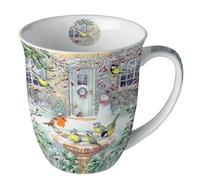 Mug Christmas Birds on Bird Bath in Winter Porcelain Motif Mug for the Table and as a Gift 0.4 L x H 10.5 cm