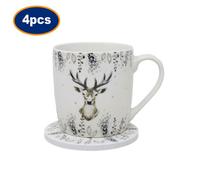 Mug & Coaster Set Harvey & Mason Christmas Silver Deer New Fine China Cup 4Pcs
