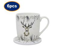 Mug & Coaster Set Harvey & Mason Christmas Silver Deer New Fine China Cup 6Pcs
