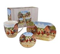 Mug Coaster Tray Tea Set Cockerel & Hen Kitchen Tableware Farm Print Design