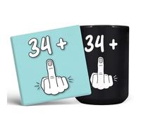 Mug Monster - 35th Birthday Mug, I Am 34 + 1, Gift for 35 Year Old, Novelty Cup - Ceramic Coffee Beaker/Cup, Gift for Men or Women, Extra Large and Giant Available, 15oz Black & Coaster