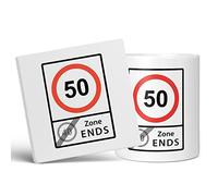 Mug Monster - Funny 50th Birthday Mug, 50 Speed Limit, 40 Zone Ends, Joke Present - Ceramic Coffee Cup, Gift for Men or Women, Extra Large and Giant Available, 11oz White & Coaster