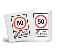 Mug Monster - Funny 50th Birthday Mug, 50 Speed Limit, 40 Zone Ends, Joke Present - Ceramic Coffee Mug/Cup, Gift for Men or Women, Extra Large and Giant Mug Available, 15oz White Mug & Coaster