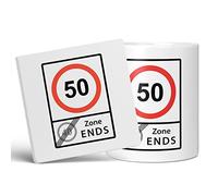 Mug Monster - Funny 50th Birthday Mug, 50 Speed Limit, 40 Zone Ends, Joke Present - Ceramic Coffee Mug/Cup, Gift for Men or Women, Extra Large and Giant Mug Available, 20oz White Mug & Coaster