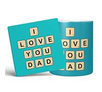 Mug Monster - I Love You Dad Mug, Word Game Themed Father's Day or Birthday Gift - Ceramic Coffee Cup, Gift for Men or Women, Extra Large and Giant Available, 20oz White & Coaster