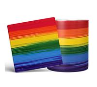 Mug Monster - Painted Effect Gay Pride Flag Mug, LGBT LGBTQ Gift, Rainbow Flag Cup - Ceramic Coffee Cup, Gift for Men or Women, Extra Large and Giant Available, 20oz White & Coaster