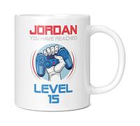 Mug Monster - Personalised 15th Birthday Gift, You Have Reached Level 15 Gamer Mug - Ceramic Coffee Mug/Cup, Gift for Boys or Girls, Extra Large and Giant Mug Available, 11oz White Mug