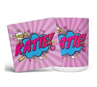 Mug Monster - Personalised Name Mug, Comic Super Hero Customised Gift with Text - Ceramic Coffee Cup, Gift for Men or Women, Extra Large and Giant Available, 15oz White & Coaster, Purple