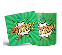Mug Monster - Personalised Name Mug, Comic Super Hero Customised Gift with Text - Ceramic Coffee Cup, Gift for Men or Women, Extra Large and Giant Available, 20oz White & Coaster, Green