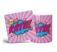 Mug Monster - Personalised Name Mug, Comic Super Hero Customised Gift with Text - Ceramic Coffee Cup, Gift for Men or Women, Extra Large and Giant Available, 11oz White & Coaster, Purple