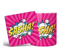 Mug Monster - Personalised Name Mug, Comic Super Hero Customised Gift with Text - Ceramic Coffee Cup, Gift for Men or Women, Extra Large and Giant Available, 20oz White & Coaster, Pink