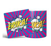 Mug Monster - Personalised Name Mug, Comic Super Hero Customised Gift with Text - Ceramic Coffee Cup, Gift for Men or Women, Extra Large and Giant Available, 20oz White Coaster Blue/Pink