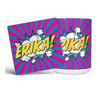 Mug Monster - Personalised Name Mug, Comic Super Hero Customised Gift with Text - Ceramic Coffee Cup, Gift for Men or Women, Extra Large and Giant Available, 15oz White Coaster Blue/Pink