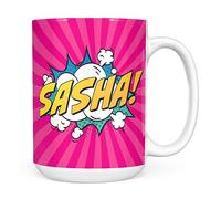 Mug Monster - Personalised Name Mug, Comic Super Hero Customised Gift with Text - Ceramic Coffee Cup, Gift for Men or Women, Extra Large and Giant Available, 15oz White, Pink