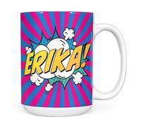 Mug Monster - Personalised Name Mug, Comic Super Hero Customised Gift with Text - Ceramic Coffee Cup, Gift for Men or Women, Extra Large and Giant Available, 15oz White, Blue/Pink