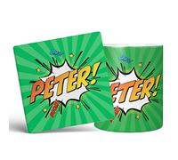 Mug Monster - Personalised Name Mug, Comic Super Hero Customised Gift with Text - Ceramic Coffee Cup, Gift for Men or Women, Extra Large and Giant Available, 11oz White & Coaster, Green