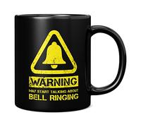 Mug Monster - Warning May Start Talking About Bell Ringing Funny Gift Mug - Ceramic Coffee Mug/Cup, Gift for Men or Women, Extra Large and Giant Mug Available, 11oz Black Mug