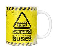 Mug Monster - Warning May Start Talking About Buses Funny Gift Mug - Ceramic Coffee Cup, Gift for Men or Women, Extra Large and Giant Available, 11oz White