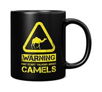 Mug Monster - Warning May Start Talking About Camels Funny Gift Mug - Ceramic Coffee Cup, Gift for Men or Women, Extra Large and Giant Available, 11oz Black