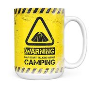Mug Monster - Warning May Start Talking About Camping Funny Gift Mug - Ceramic Coffee Mug/Cup, Gift for Men or Women, Extra Large and Giant Mug Available, 15oz White Mug