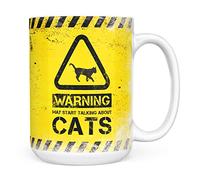Mug Monster - Warning May Start Talking About Cats Funny Gift Mug - Ceramic Coffee Cup, Gift for Men or Women, Extra Large and Giant Available, 15oz White